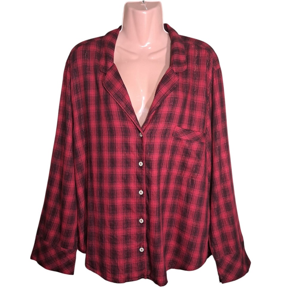 Victoria's Secret Women's Pajama Top XL/XG/EG Plaid Red/Black Long Sleeve Button